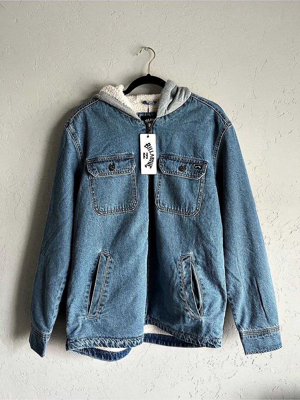 Billabong Men's Denim Sherpa Lined Hooded Zip/Button Jacket Blue Size S NEW